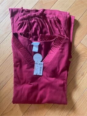 Enchanted V-Neck Satin-Trim Pajama Set in Deep Berry Maroon (Medium)
